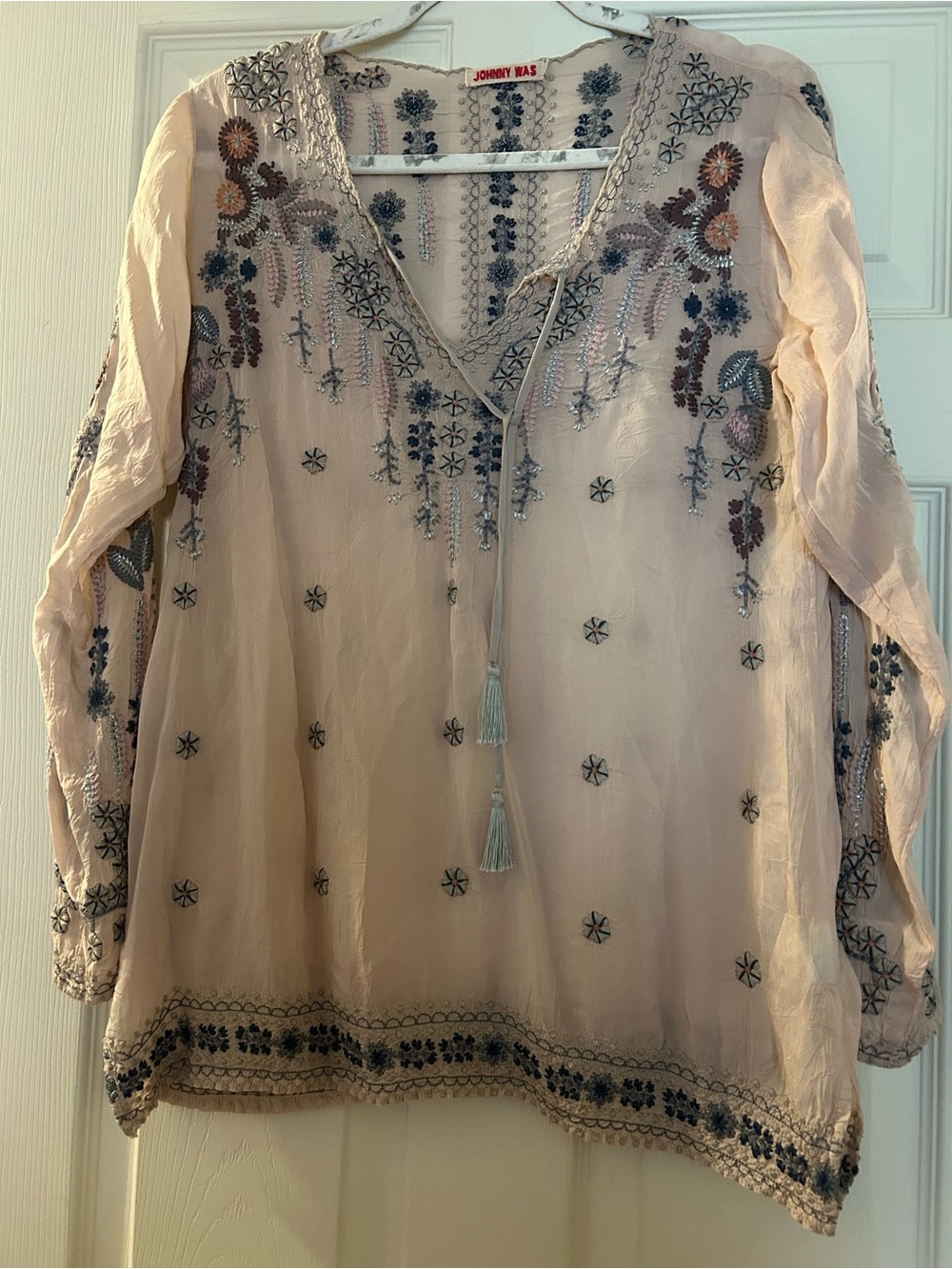 Johnny Was Embroidered Floral Boho Blouse Pink Silk Feel Tunic Top S